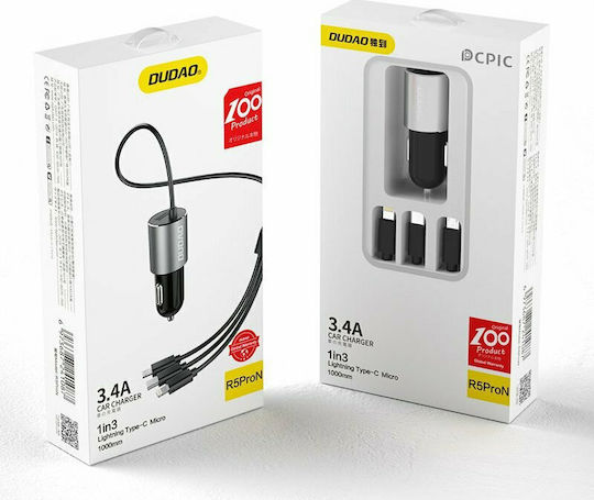 Dudao R5ProN Încărcător Auto 17W 3.4A cu un Port: 1xUSB împreună cu Cablu Lightning / Micro-USB / Type-C Negru Culoare