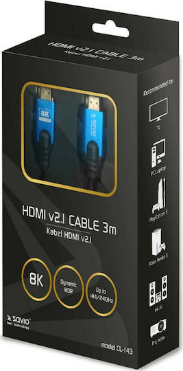 Savio HDMI 2.1 Ultra High Speed 48Gbps 4K 120Hz HDR VRR Braided Cable HDMI Male - HDMI Male 3m Blue