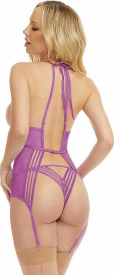 Dreamgirl Sexy Lingerie Set Mesh with Garters Purple