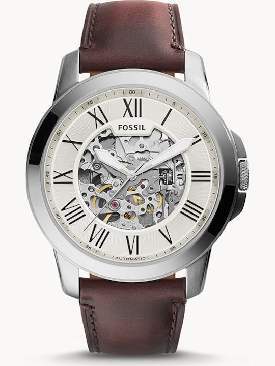 Fossil Grant Ανδρικό Ρολόι 44mm Αυτόματο με Καφέ Δερμάτινο Λουράκι