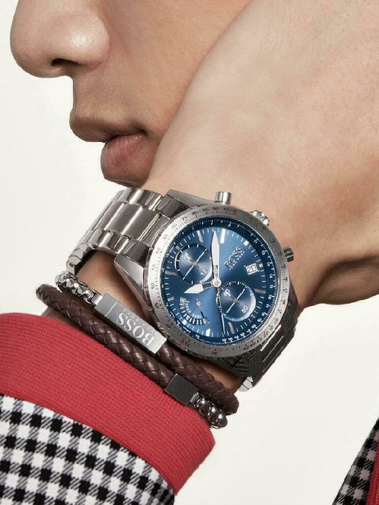 Boss Pilot Ανδρικό Ρολόι 44mm Χρονογράφος Μπαταρίας με Ασημί Μεταλλικό Μπρασελέ