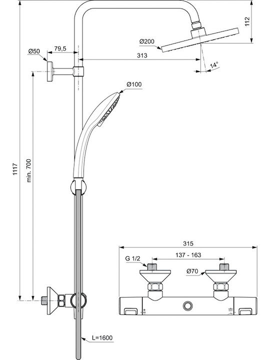 Ideal Standard Ceratherm T25 Shower Column with Mixer 111.7cm Silver