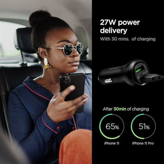 Spigen F31QC Φορτιστής Αυτοκινήτου 27W 4.8A Γρήγορης Φόρτισης με Θύρες: 1xUSB 1xType-C Μαύρο Χρώμα