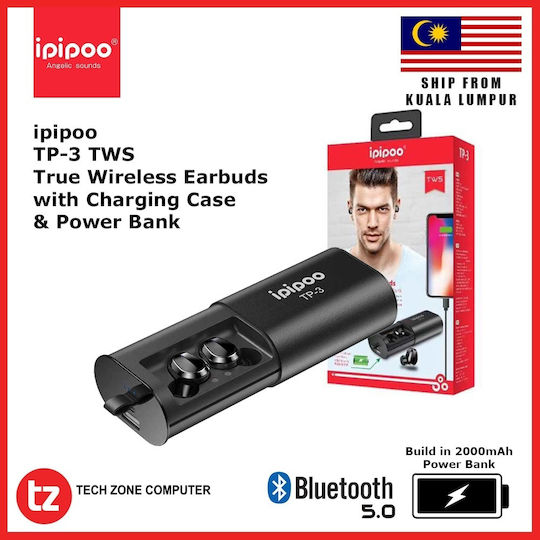 Ipipoo TP-3 In-ear Bluetooth Handsfree Ακουστικά με Θήκη Φόρτισης Μαύρα