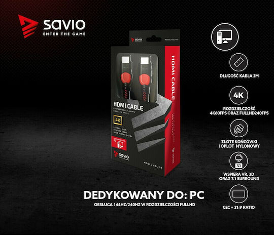 Savio HDMI 2.0 Premium High Speed 4K 60Hz HDR Cable HDMI male - HDMI male 3m Μαύρο