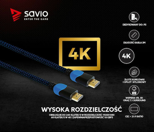 Savio HDMI 2.0 Braided Cable HDMI male - HDMI male 3m Black