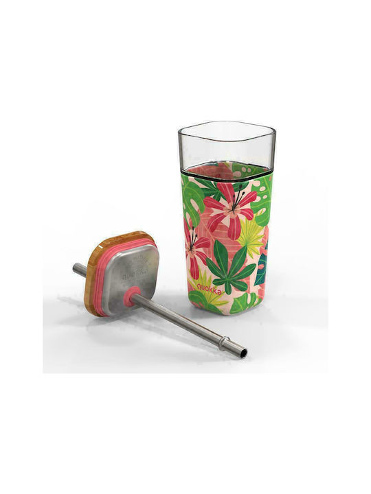 Quokka Cube Glass Water made of Glass Pink Jungle with straw 540ml