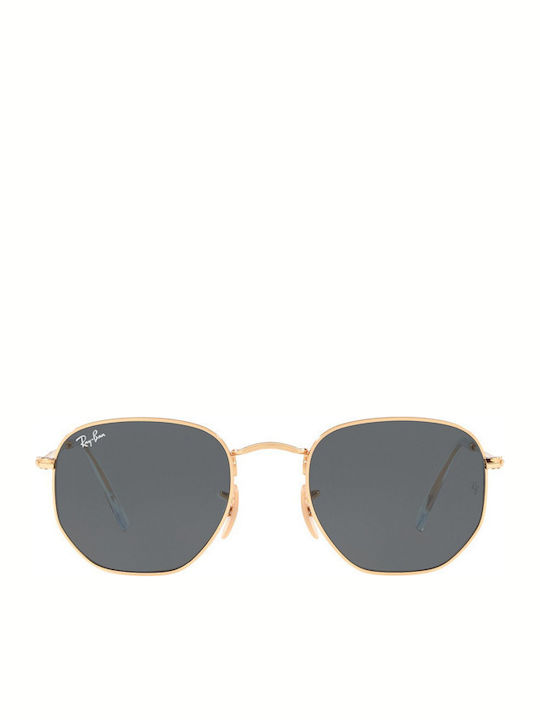 Ray Ban Hexagonal Unisex Sunglasses with Gold Metal Frame and Blue Lens RB3548N 001/R5