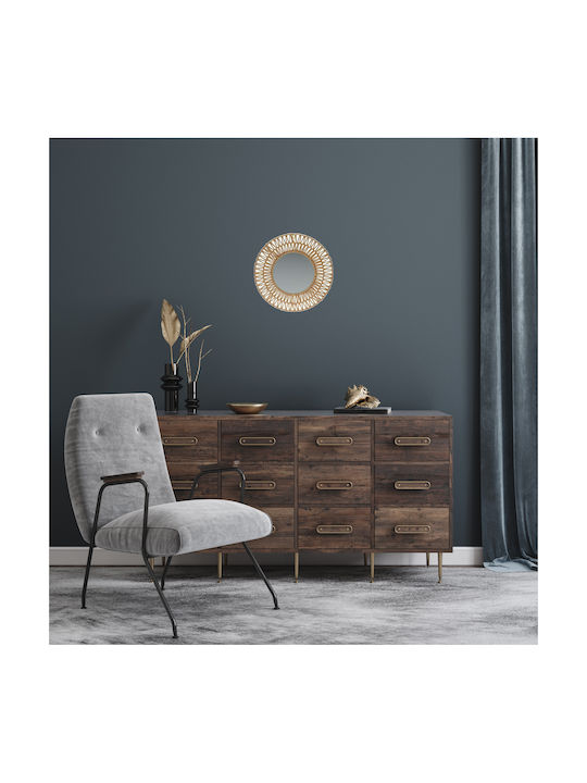 Wall Mirror with Brown Wooden Frame Diameter 45cm 1pcs