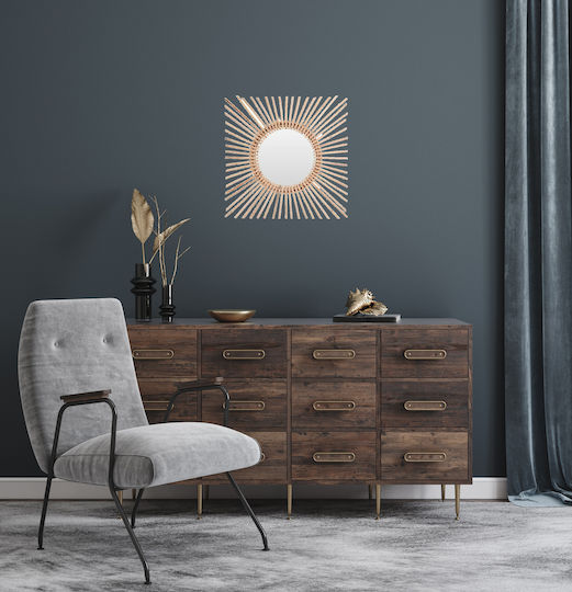 Wall Mirror with Brown Wooden Frame Diameter 60cm 1pcs