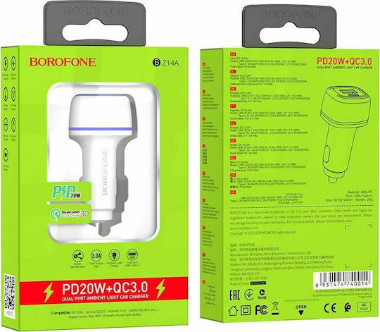 Borofone BZ14 Auto-Ladegerät 12W 2.4A mit Anschlüssen: 1xUSB 1xType-C Weiß Farbe