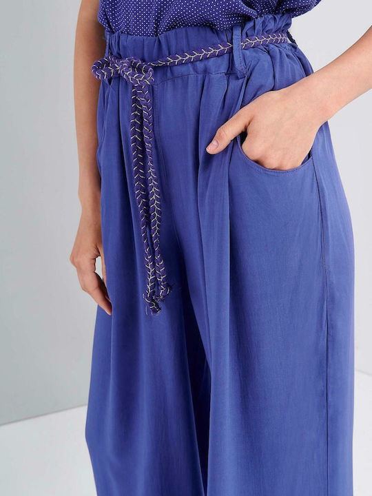 Women's High-waisted Fabric Trousers with Elastic in Regular Fit Blue