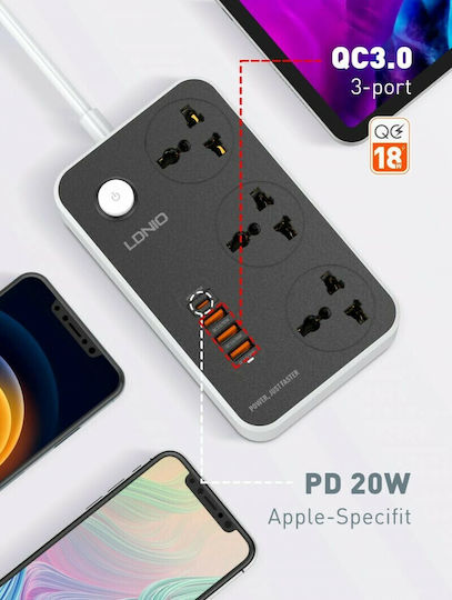 Ldnio Πολύπριζο 3 Θέσεων με 3 USB-A, 1 USB-C, Διακόπτη και Καλώδιο 2m