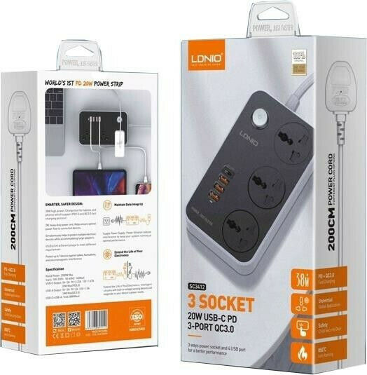 Ldnio Πολύπριζο 3 Θέσεων με 3 USB-A, 1 USB-C, Διακόπτη και Καλώδιο 2m