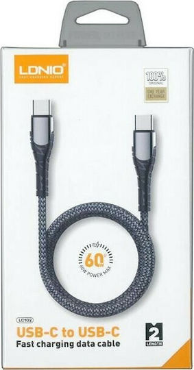 Ldnio LC102 Плетена USB 2.0 Кабел USB-C мъжки - USB-C мъжки 65W Сив 2м
