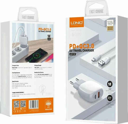 Ldnio Charger with USB-A Port and USB-C Port and Cable Lightning 18W Quick Charge 3.0 / Power Delivery Whites (LD-A2313L)