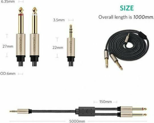 Ugreen AV126 Кабел 2x 6,3 мм мъжки - 3,5 мм мъжки 1м Сив (10613)