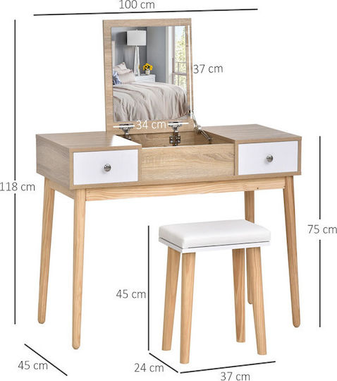 Bodenstehende Schminktisch Schlafzimmer Holz mit Spiegel & Hocker 100x45x118cm