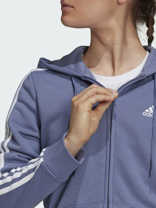 Performance Essentials 3-Stripes Γυναικεία Ζακέτα Φούτερ με Κουκούλα Μπλε
