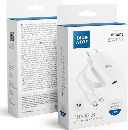 Blue Star Φορτιστής με Θύρα USB-C και Καλώδιο USB-C - Lightning 18W Power Delivery Λευκός (5903396071492)