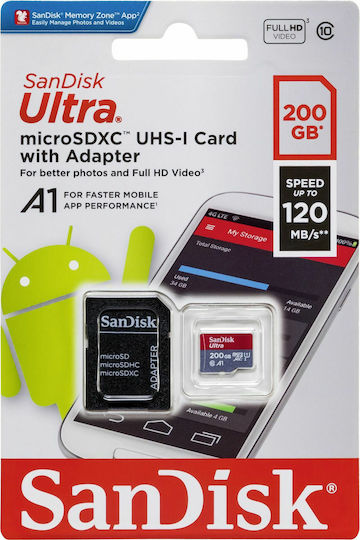 Sandisk Ultra microSDXC 200GB Клас 10 U1 A1 UHS-I с адаптер