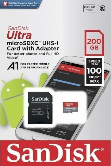 Sandisk Ultra microSDXC 200GB U1 A1 UHS-I 100MB/s με αντάπτορα