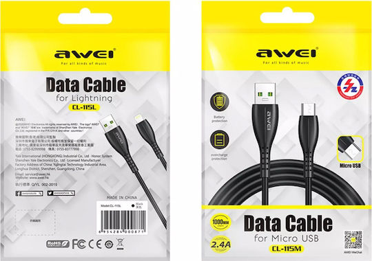 Awei Regular USB 2.0 to micro USB Cable Μαύρο 1m (CL-115M)
