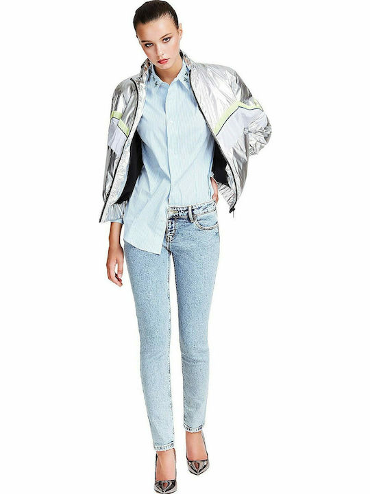 Guess Anthia Women's Short Bomber Jacket for Spring or Autumn Silver
