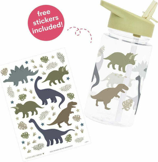 A Little Lovely Company Kids Water Bottle Dinosaur Plastic with Straw Green 450ml