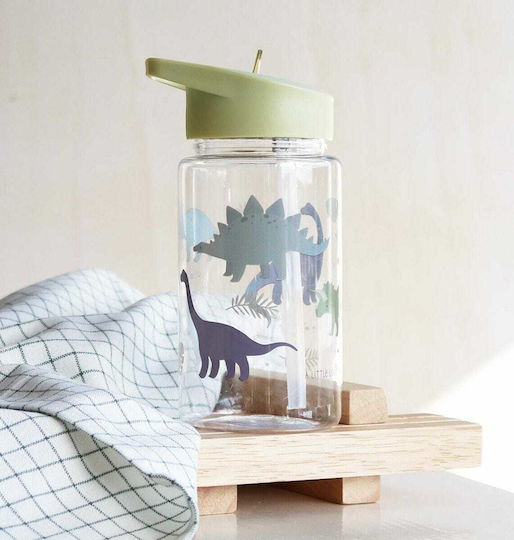 A Little Lovely Company Kinderflasche Dinosaurier Kunststoff mit Strohhalm Grün 450ml