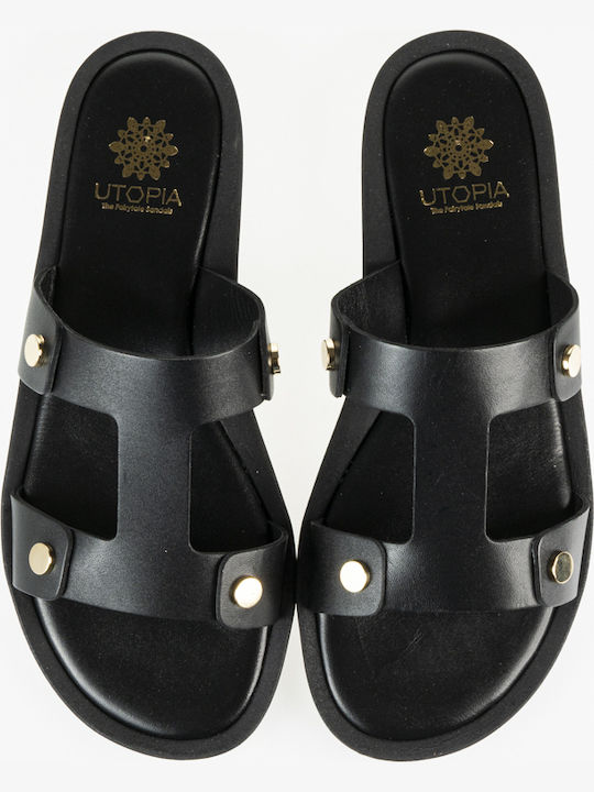 Leather Women's Flat Sandals Flatforms in Black Color