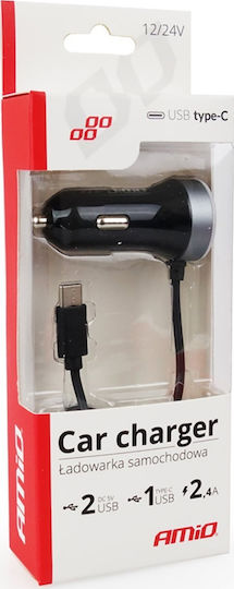 AMiO Φορτιστής Αυτοκινήτου 2.4A με Θύρες: 2xUSB-A μαζί με Καλώδιο Type-C Μαύρο Χρώμα
