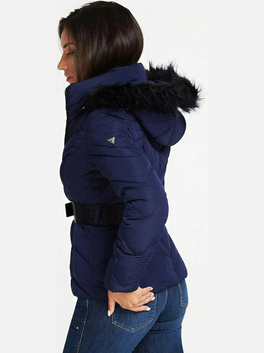 Guess Women's Short Puffer Jacket for Winter with Hood Navy Blue