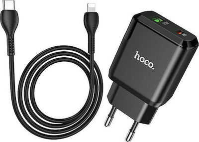 Hoco Charger with USB-A port and USB-C port and Lightning Cable 20W Power Delivery / Quick Charge 3.0 in Black Colour (N5 Favor)