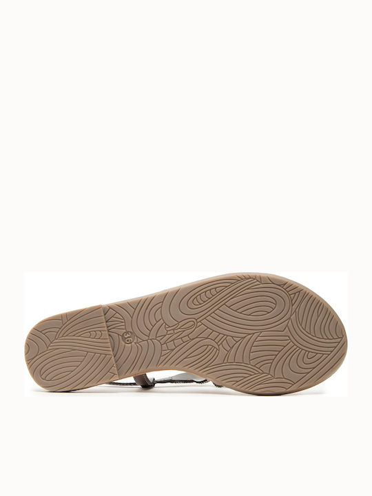 Leather Women's Flat Sandals with Strap in Silver Color
