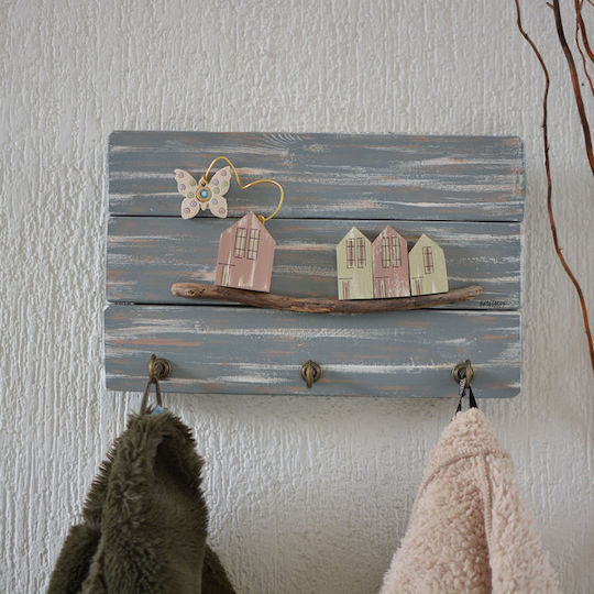 Kapadakis Wood Art Wall Hanger Handmade Neighborhood With Butterfly Wooden 3 Hooks Multicolour 35x5x21cm