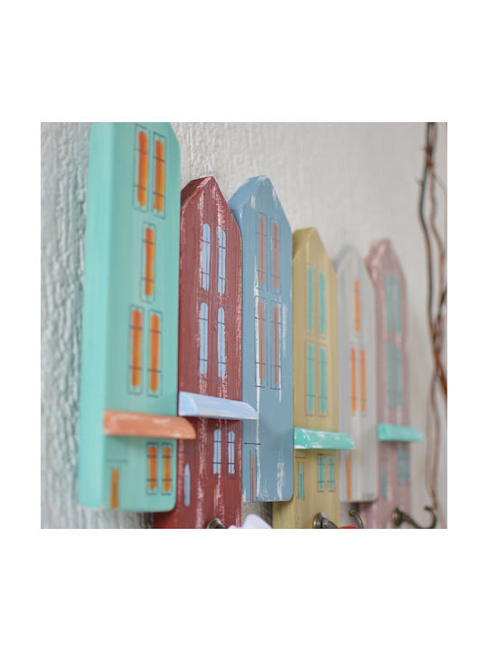 Kapadakis Wood Art Wall Hanger Handmade Houses and Shops Wooden 3 Hooks Multicolour 42x4x30cm
