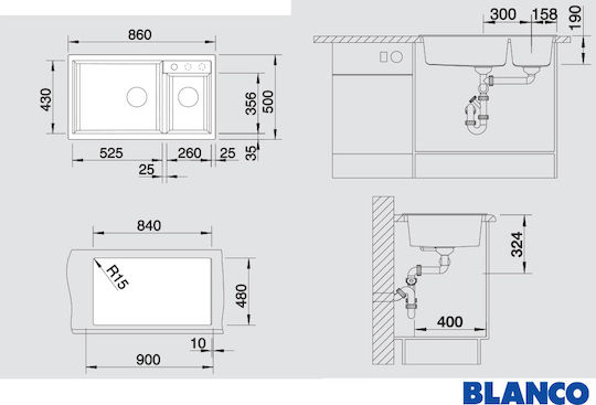 Blanco Metra 9 518886 Drop-In Мивка Ляв от Синтетичен Гранит Ш86xД50см Сива скала