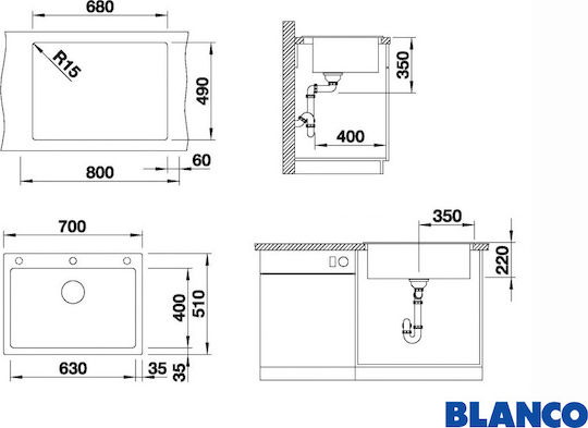 Blanco Pleon 8 Ένθετος Νεροχύτης από Συνθετικό Γρανίτη Μ70xΠ51cm White