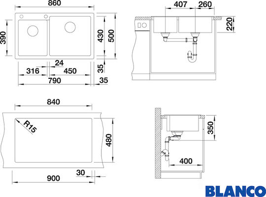 Blanco Pleon 9 523064 Drop-In Chiuvetă Dreapta din Granit Sintetic L86xW50cm Tartufo