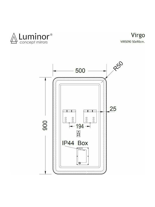 Luminor Virgo Ορθογώνιος Καθρέπτης Μπάνιου Led από Μέταλλο 50x90cm Μαύρος