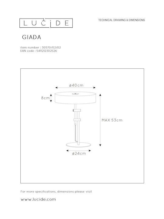 Lucide Lightning Giada Metal Vintage Table Lamp for Socket E27 with Gold Shade and Black Base