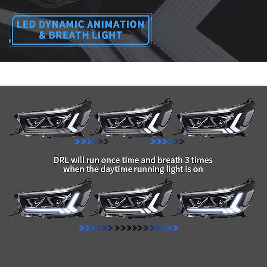 Front Lights Toyota Hilux Revo with Dynamic Start DRL & Black Flashers with Motor 15-19 2 Pieces