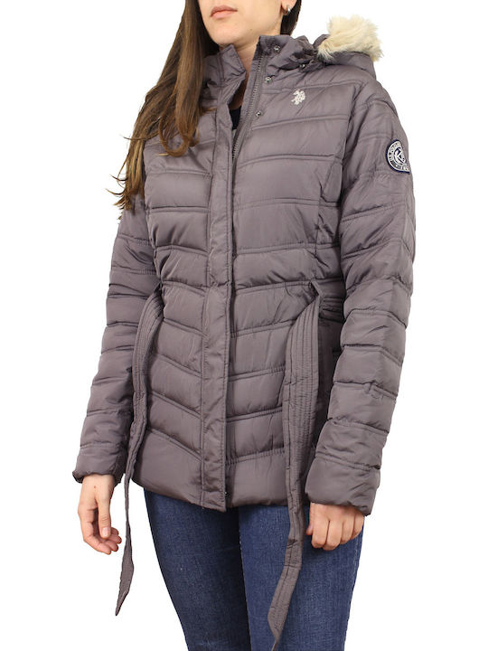 U.S. Polo Assn. Lang Damen Puffer Jacke mit pelziger Kapuze für Winter Gray