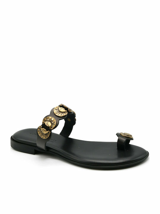 Komis & Komis 10S Leather Women's Flat Sandals in Black Color