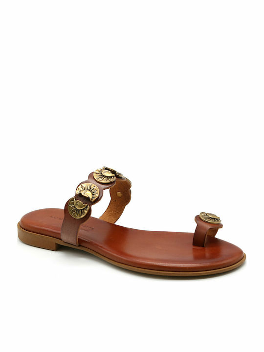 Komis & Komis 10S Leather Women's Flat Sandals in Tabac Brown Color