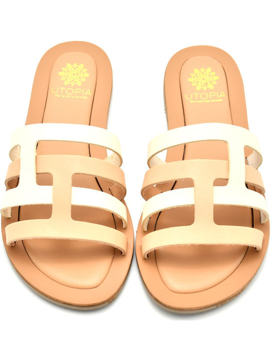 Leather Women's Flat Sandals in Beige Color