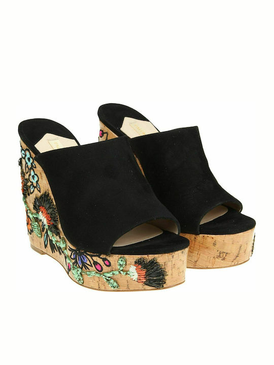 Paloma Barceló Heliconia 987 Women's Suede Platform Wedge Sandals Black