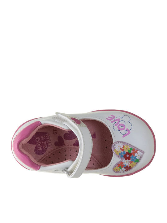 Kids Leather Ballerinas with Hoop & Loop Closure White