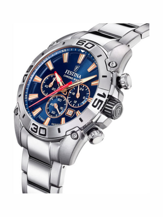 Festina Ανδρικό Ρολόι 45mm Χρονογράφος Μπαταρίας με Ασημί Μεταλλικό Μπρασελέ